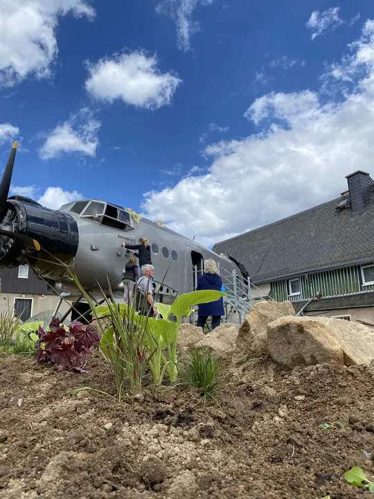 Erstes Grün vor dem Flugzeug.
