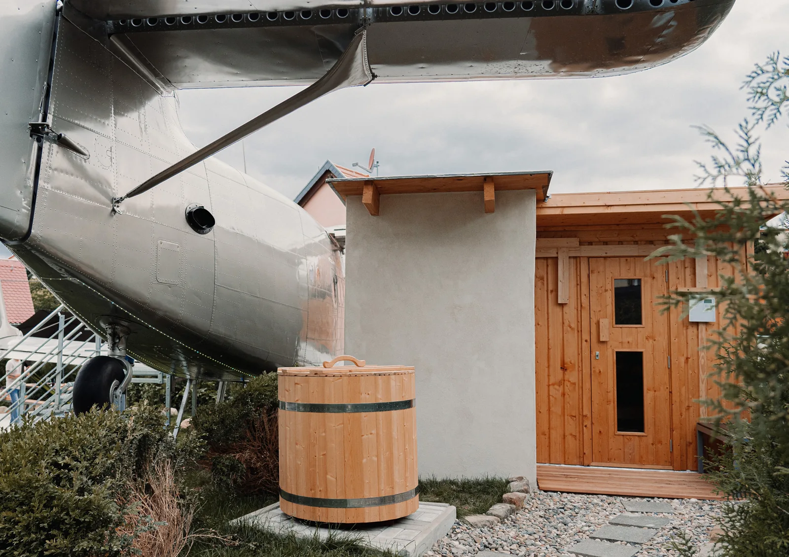 Private sauna and shower cabin beneath the Antonov’s wing